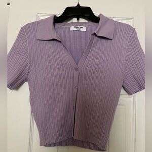 Purple Ribbed Cropped Button Top